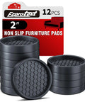 Non Slip Furniture Pads 2 Inch Anti Skid Rubber Caster Cups 12 Pack Black stacked on packaging for hardwood floor use.