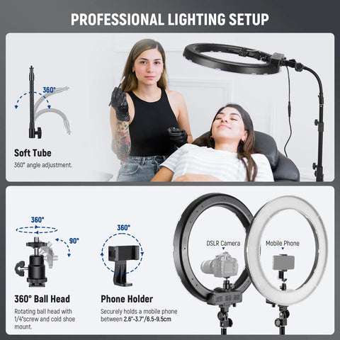 18 Inch Ring Light Kit With 55W 5600K Pro LED Stand Phone Holder Soft Tube And Carry Bag For Tattoo Lash Extensions setup