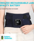 Person wearing Cordless Back Relief Heating Pad with built-in massager and lumbar support, showing digital display and adjustable straps.