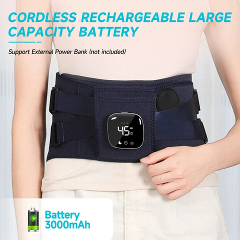Person wearing Cordless Back Relief Heating Pad with built-in massager and lumbar support, showing digital display and adjustable straps.