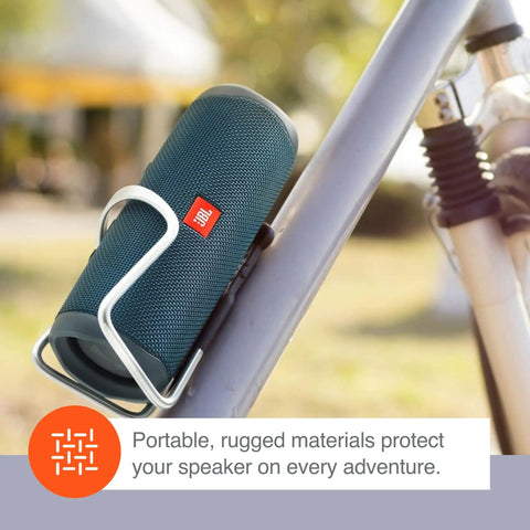 Flip 5 Bluetooth Speaker Bundle With Divvi Protective Hardshell Case mounted on a bicycle, highlighting rugged build and portability.