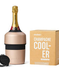 Ultra Efficient Iceless Champagne Chiller With Detachable Stopper Keeps Wine Cold Up To 6 Hours, packaging and bottle displayed