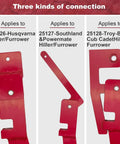 Hiller Furrower Kit for Rear Tine Tillers with Adjustable Wing and Three Connection Styles display for Husqvarna, Southland, Powermate, Troy Bilt, Cub Cadet Rototillers.