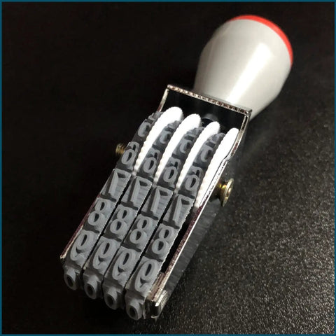 Close-up of a Killer 4 Digit Number Roller Stamp With Changeable Dial Wheel for Egg Dating and Custom Marking, showing adjustable rubber dials.