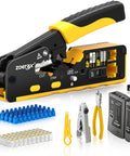 All In One Ethernet Crimping Tool Kit With Pass Through RJ45 Crimper Cable Tester Wire Cutters Pliers Network Cable Stripper Mini Stripper And 50 Cat6 Pass Through Connectors With Strain Relief Boots For Cat7 Cat6 Cat5 Networks