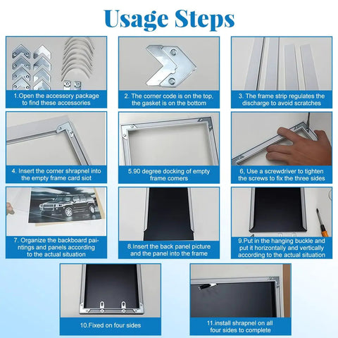 Steps for using 18 Pcs Silver Metal Picture Frame Hardware Kit With L Shaped Angle Brackets and Flat Plates for DIY framing.