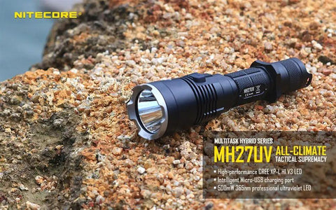 1000 Lumen USB Rechargeable LED Flashlight With White Red Blue And UV Lights, CREE XP-L HI V3 LED, 365nm Ultraviolet on rocky surface
