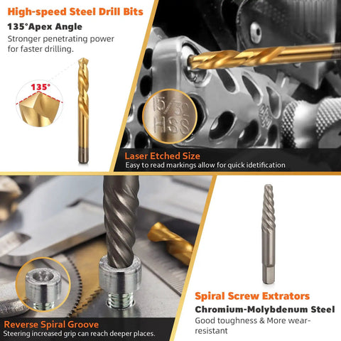 Close-up of high-speed steel drill bits and spiral screw extractors from 50 Piece Bolt Extractor Set With Screw And Nut Removers.