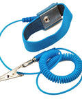 Anti Static Wrist Strap For ESD Grounding, blue adjustable earthing band with metal clip and coiled cord on white background.