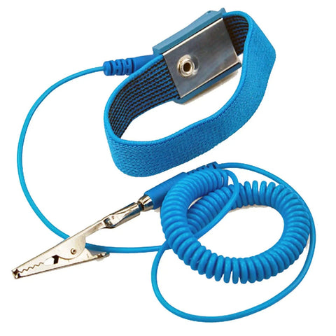 Anti Static Wrist Strap For ESD Grounding, blue adjustable earthing band with metal clip and coiled cord on white background.