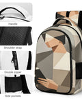 Low Poly Papercraft Reader Portrait Backpack in breathable polyester, features handle, shoulder strap, double zipper, side pockets.