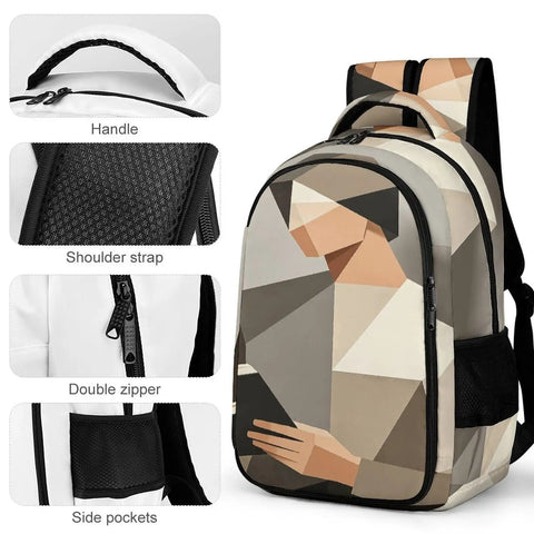 Low Poly Papercraft Reader Portrait Backpack in breathable polyester, features handle, shoulder strap, double zipper, side pockets.