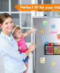 Woman holding child by refrigerator with Magnetic Pencil Holder With Extra Strong Magnets Mesh Marker Organizer For Whiteboards