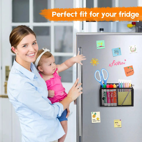 Woman holding child by refrigerator with Magnetic Pencil Holder With Extra Strong Magnets Mesh Marker Organizer For Whiteboards