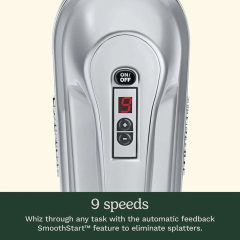 Heavy Duty Electric Hand Mixer With Nine Speed Options And A Mighty 220 Watt Motor That Glides Using Smooth Start Mode Plus Extra Long Stainless Beaters And A Simple One Touch Button For Fast No Sweat Cooking Prep close-up of speed control panel displaying nine speeds.