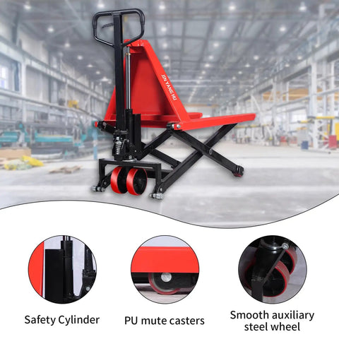Heavy Duty Manual Scissor Pallet Jack Truck With A Breezy 3300 Pound Lift Capacity And Straight Forward Hydraulic Pump in a warehouse.