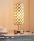 Touch Control Crystal Bedside Lamp With USB Ports, Dimmable 3 Way Gold Nightstand Light on table with cup
