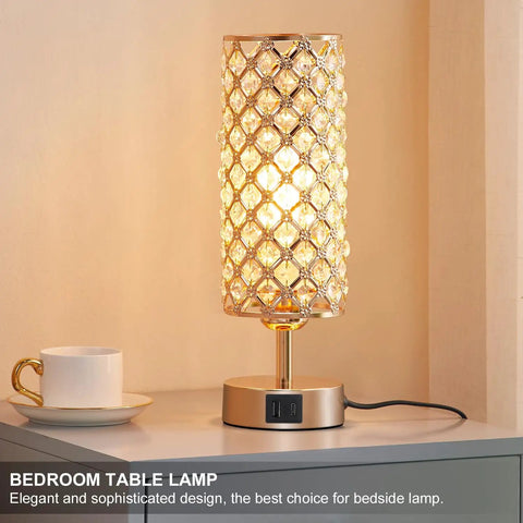 Touch Control Crystal Bedside Lamp With USB Ports, Dimmable 3 Way Gold Nightstand Light on table with cup