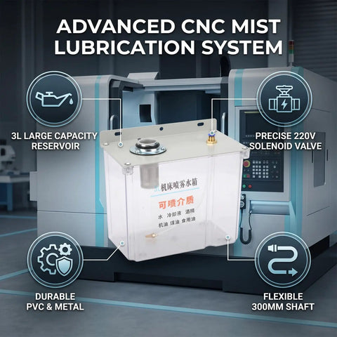 Heavy Duty Machine Tool Coolant Sprayer Featuring A Tough 3L Tank And Quick Solenoid Valve, Flexible Shaft Lubrication Spray Rig showing 3L reservoir.
