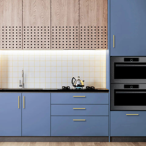 Modern kitchen with blue cabinets featuring Gold Brushed Brass Cabinet Pulls With Handy Screwdriver, 9 1/4 Inch Overall Length.