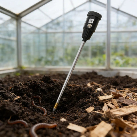 2-In-1 Soil Moisture Meter And PH Tester With A 12 Inch Probe in greenhouse soil, highlighting garden use and earthworms in the soil.