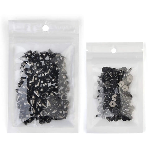 Heavy Duty 100 Piece Gunmetal Cone Spike And Rivet Screw Kit For Badass Leathercraft Diy Rockin Punk Style Clothing Shoe Belt Bag Adornments, two bags of spikes and screws.