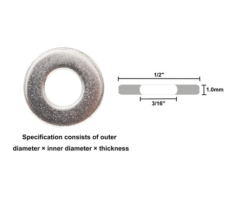 Front view of 304 stainless steel flat washer, 3/16 in ID x 1/2 in OD, 1.0 mm thick, plain finish, 100 pcs