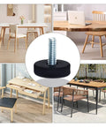 Twelve Pack Adjustable Furniture Leveling Feet With One Quarter Inch Twenty Thread showcased with tables and chairs in various settings.
