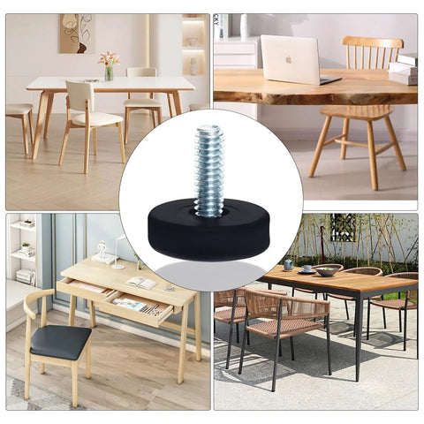 Twelve Pack Adjustable Furniture Leveling Feet With One Quarter Inch Twenty Thread showcased with tables and chairs in various settings.