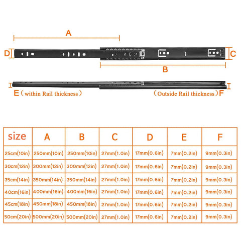 Heavy Duty Ball Bearing Cabinet Drawer Slides Smooth Glide Kitchen Hardware Rails Built Tough Cold Rolled Steel size chart with dimensions