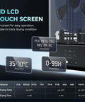 HD LCD touchscreen of 3Kg Filament Dryer SP2 With Storage Box for 1.75mm and 2.85mm Filaments showing drying temperature and time
