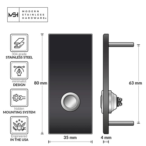 Diagram of Sick Modern Stainless Doorbell Black R7 Series With Anodized Aluminum Button showing dimensions and features.