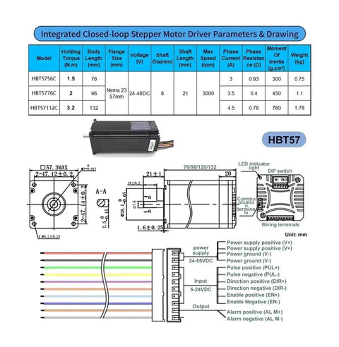 Integrated Closed-loop Stepper Motor Driver parameters and drawing with HBT57 specifications, dimensions, and wiring details.