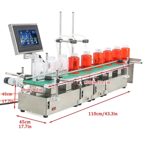 Heavy Duty Double Head Liquid Filling Machine With Belt Conveyor And Digital Control Built Different For Perfume Oil And Juice Bottling Operations on a production line.