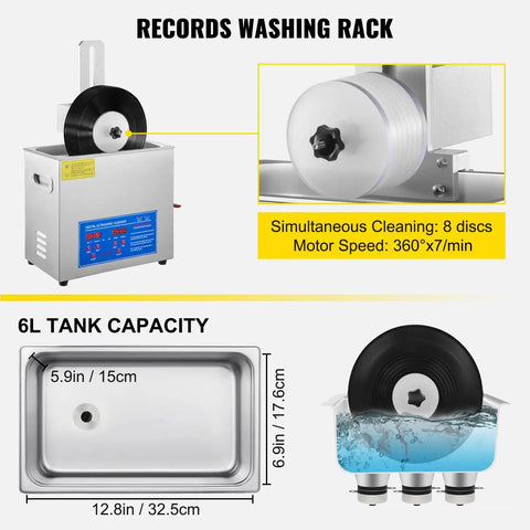 Keep Your Wax Crack Free With This Sleek Six Liter Ultrasonic Record Cleaner Holds Eight Vinyl Spinners Features Rust Proof Steel And Automatic Drying Rack For Fresh Turntables shows the ultrasonic cleaner with vinyl discs.