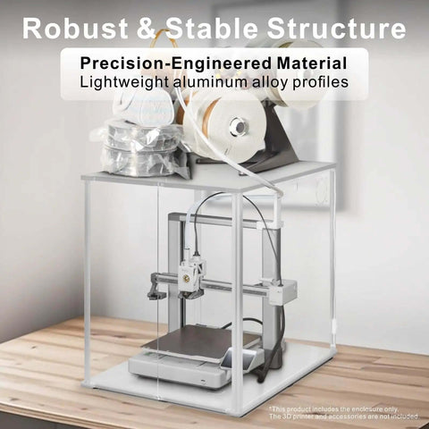 3D Printer Enclosure For Bambu Lab A1 With AMS Lite Dope Filtration on wooden desk, lightweight aluminum frame, spools on top