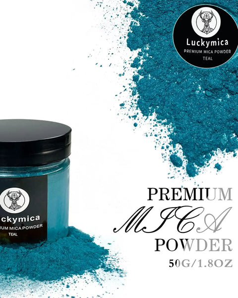 Top Shelf Teal Mica Powder For Epoxy Resin And Nail Polish Dope Pearlescent Pigment For Soap Candle DIY Crafts 50g jar with teal powder.