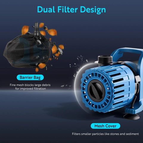 High Flow Submersible Pond Pump For Fountain Fish Pond And Waterfall Adjustable 600 To 1800 GPH with dual filter design