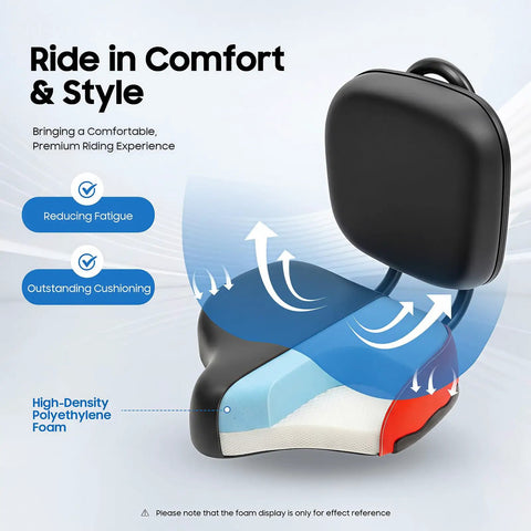 Wide Bike Seat With Backrest For Ride Ready Comfort On Trikes And Bicycles, Extra Wide Universal Fit With Adjustable Height, Durable Poly Foam And Steel Construction, Waterproof And Rugged, Ideal Seat Upgrade For Exercise Bikes And Everyday Rides. black wide bike seat with backrest, poly foam and steel cutaway