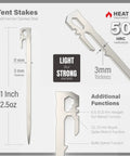 Product image of Six Pack 11 Inch Stainless Steel Tent Stakes For Camping Gear Heavy Duty Ground Anchors Lightweight And Wind Resistant Tent Accessories For Campers On Every Outdoor Adventure showing multi-function details and measurements.
