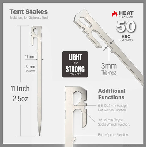 Product image of Six Pack 11 Inch Stainless Steel Tent Stakes For Camping Gear Heavy Duty Ground Anchors Lightweight And Wind Resistant Tent Accessories For Campers On Every Outdoor Adventure showing multi-function details and measurements.