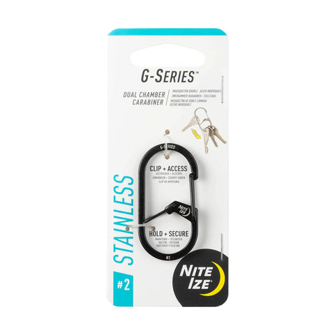 G Series Dual Chamber Carabiner Size 2 1 Pack Black product packaging with stainless steel key clip on cardboard background