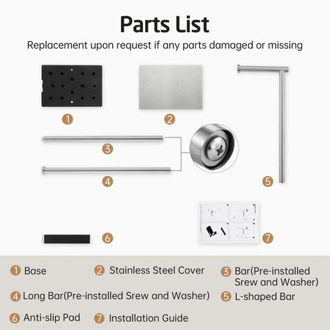Parts list for Freestanding Toilet Paper Holder Stand With Reserve Storage In Rustproof Stainless Steel Brushed Finish for Bathroom.