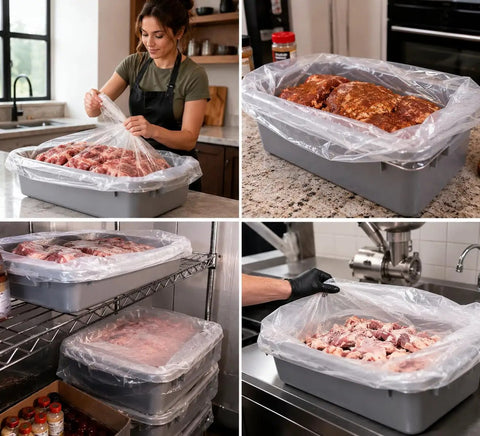 Person using 12 Pack Meat Lug Liners Disposable LDPE Bags For 4.6 To 7 Gallon Totes And 50 Pound Boxes in kitchen setting