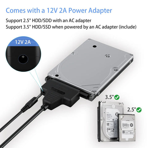 Fast SATA To USB 3.0 And USB C External Drive Adapter For 3.5 And 2.5 Inch SSD HDD Reader With Plug And Play Data Transfer And 12V 2A Power Adapter For Easy Backup And On The Go Recovery, 3.5" drive connected
