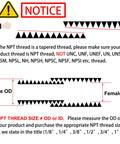 NPT pipe fitting reducer diagram for 3/8 MNPT to 1/8 FNPT with warning notice.