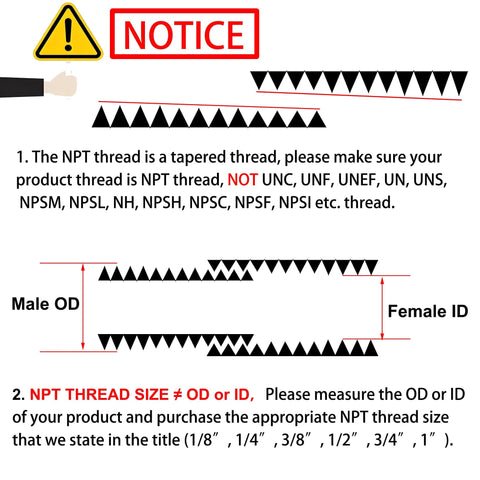 NPT pipe fitting reducer diagram for 3/8 MNPT to 1/8 FNPT with warning notice.
