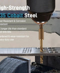 Real Deal M35 Cobalt Stubby Drill Bit Set With 1/4 Inch Hex Shank And Premium Heat Resistance drilling into metal surface.