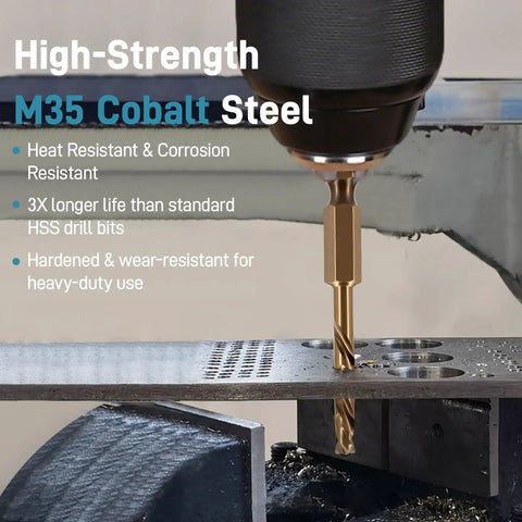 Real Deal M35 Cobalt Stubby Drill Bit Set With 1/4 Inch Hex Shank And Premium Heat Resistance drilling into metal surface.
