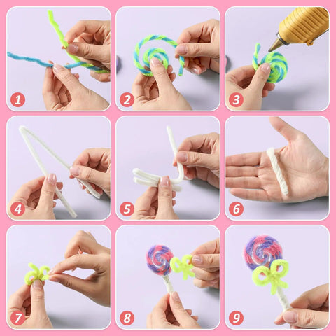 Bulk 500 Piece Rainbow Thick Pipe Cleaners Chenille Stems In 20 Colors, 12 Inch Long 6mm Diameter For Crafts, DIY Projects, Arts And School Activities, Soft Fuzzy Bendable Craft Supplies For Makers And Crafters, shown in lollipop craft steps